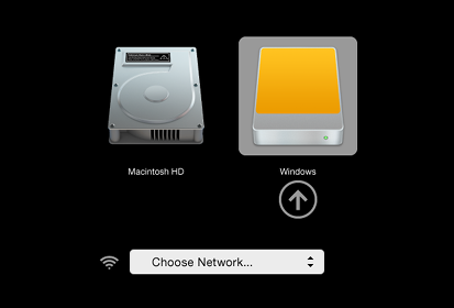 Screen with the logo of an internal hard disk labeled 'Macintosh HD'
and an external hard disk labelled 'Windows' (selected)